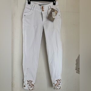Women's White Skinny Jeans with Brown Embroidered Hem